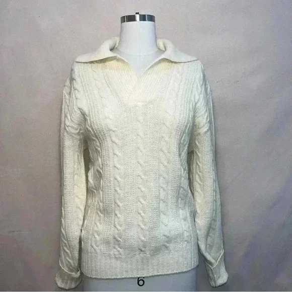 Vintage | Cableknit Collared Pullover Sweater - Cream / Sz M - Picture 4 of 8